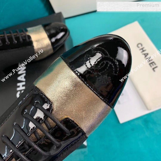 Chanel Metallic and Patent Calfskin Flat Lace-Ups Loafers G34128 Gold 2019 (DLY-9081604)