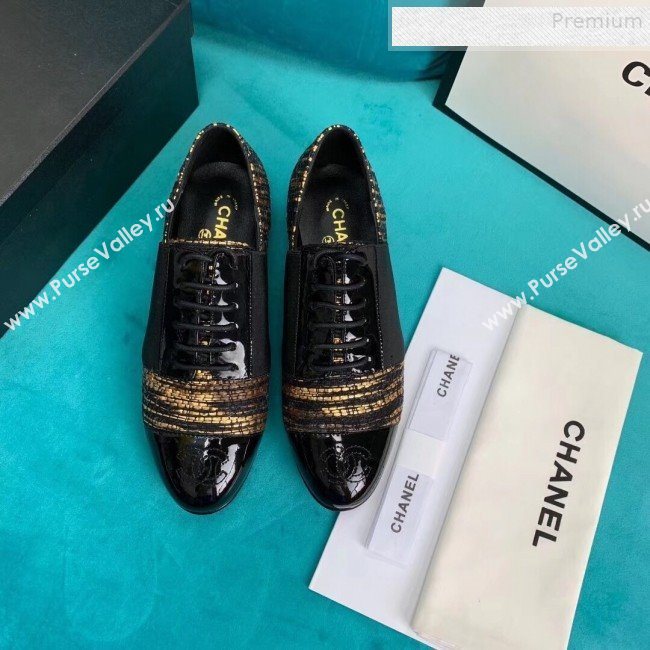 Chanel Tweed and Patent Calfskin Flat Lace-Ups Loafers G34128 Gold 2019 (DLY-9081605)