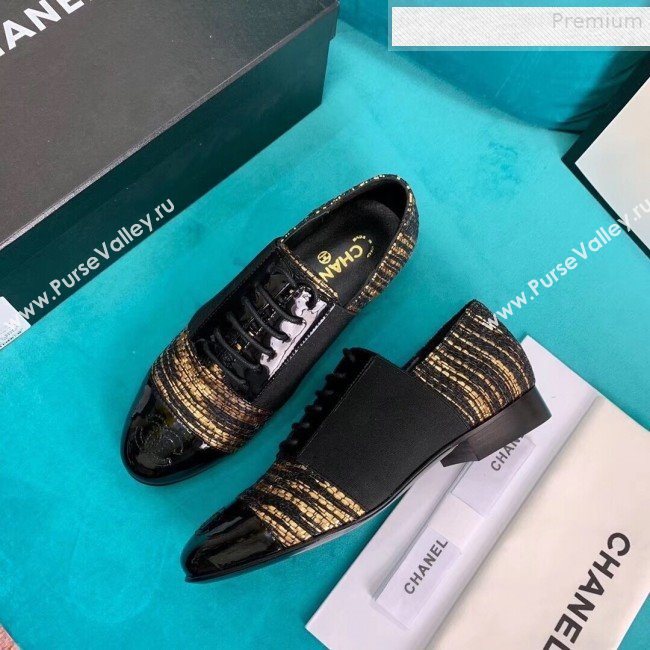 Chanel Tweed and Patent Calfskin Flat Lace-Ups Loafers G34128 Gold 2019 (DLY-9081605)