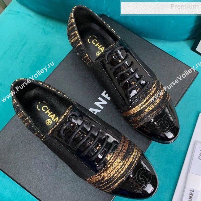 Chanel Tweed and Patent Calfskin Flat Lace-Ups Loafers G34128 Gold 2019 (DLY-9081605)