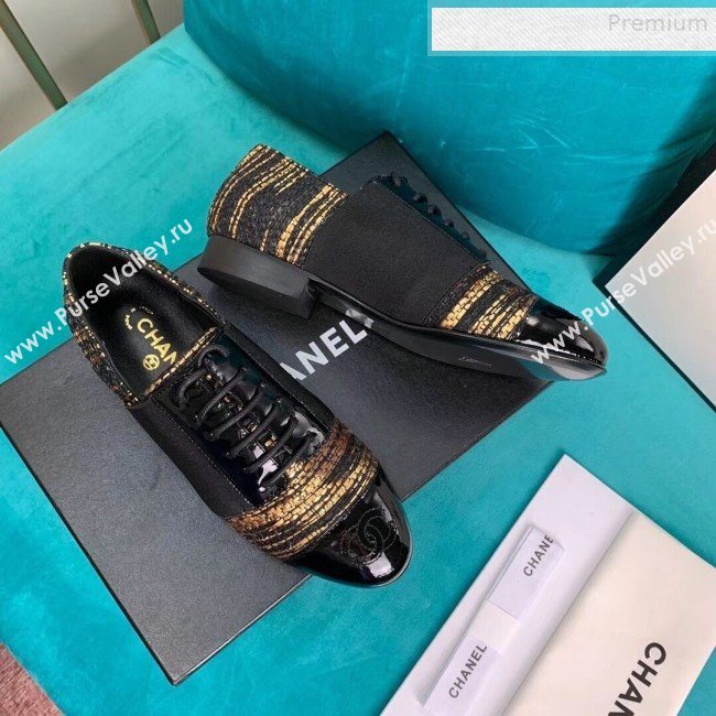 Chanel Tweed and Patent Calfskin Flat Lace-Ups Loafers G34128 Gold 2019 (DLY-9081605)