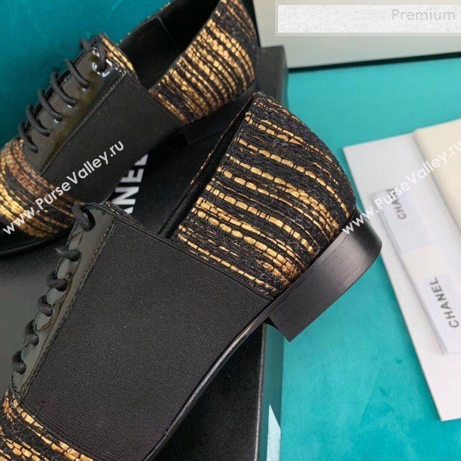 Chanel Tweed and Patent Calfskin Flat Lace-Ups Loafers G34128 Gold 2019 (DLY-9081605)