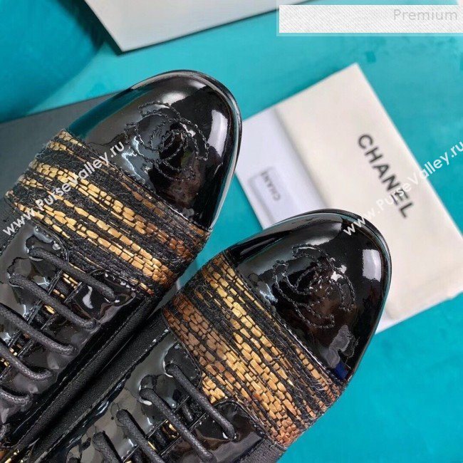 Chanel Tweed and Patent Calfskin Flat Lace-Ups Loafers G34128 Gold 2019 (DLY-9081605)