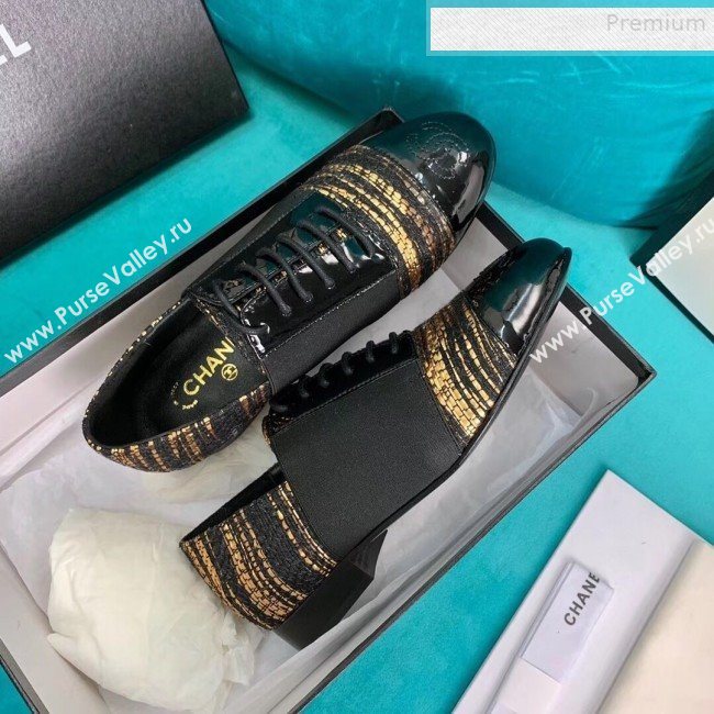 Chanel Tweed and Patent Calfskin Flat Lace-Ups Loafers G34128 Gold 2019 (DLY-9081605)
