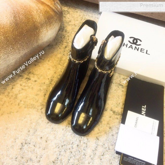 Chanel Patent Calfskin Chain Low-Heel Short Boots G35008 Black 2019 (DLY-9081607)