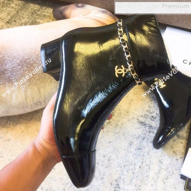 Chanel Patent Calfskin Chain Low-Heel Short Boots G35008 Black 2019 (DLY-9081607)