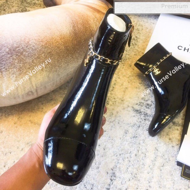 Chanel Patent Calfskin Chain Low-Heel Short Boots G35008 Black 2019 (DLY-9081607)