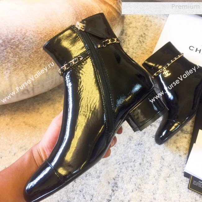 Chanel Patent Calfskin Chain Low-Heel Short Boots G35008 Black 2019 (DLY-9081607)