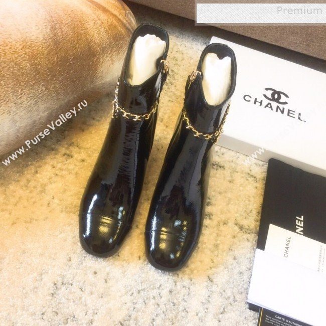 Chanel Patent Calfskin Chain High-Heel Short Boots G35008 Black 2019 (DLY-9081606)