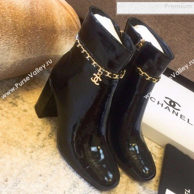 Chanel Patent Calfskin Chain High-Heel Short Boots G35008 Black 2019 (DLY-9081606)
