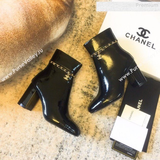 Chanel Patent Calfskin Chain High-Heel Short Boots G35008 Black 2019 (DLY-9081606)