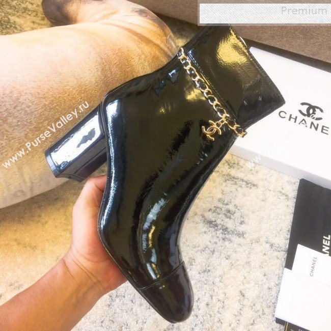 Chanel Patent Calfskin Chain High-Heel Short Boots G35008 Black 2019 (DLY-9081606)