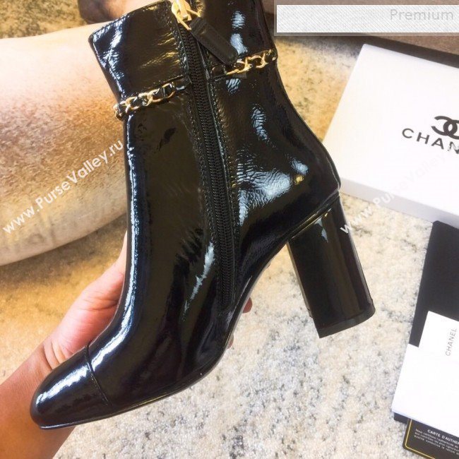 Chanel Patent Calfskin Chain High-Heel Short Boots G35008 Black 2019 (DLY-9081606)