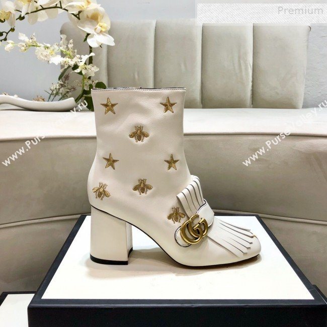 Gucci Embroidered Leather Fringe Mid-heel Ankle Short Boot 551545 White 2019 (DLY-9081611)