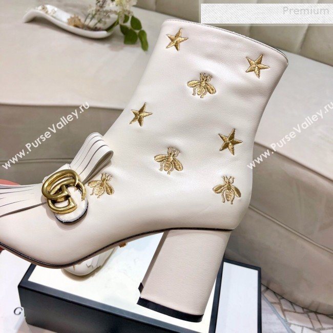 Gucci Embroidered Leather Fringe Mid-heel Ankle Short Boot 551545 White 2019 (DLY-9081611)