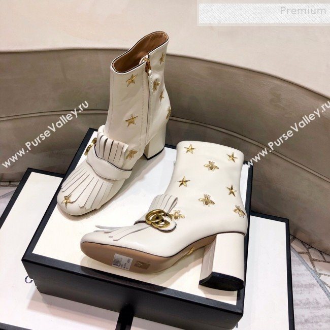 Gucci Embroidered Leather Fringe Mid-heel Ankle Short Boot 551545 White 2019 (DLY-9081611)