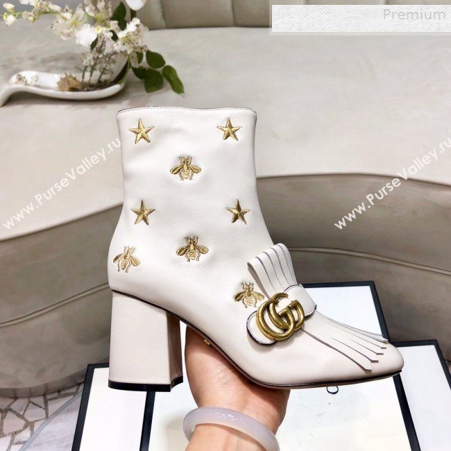Gucci Embroidered Leather Fringe Mid-heel Ankle Short Boot 551545 White 2019 (DLY-9081611)