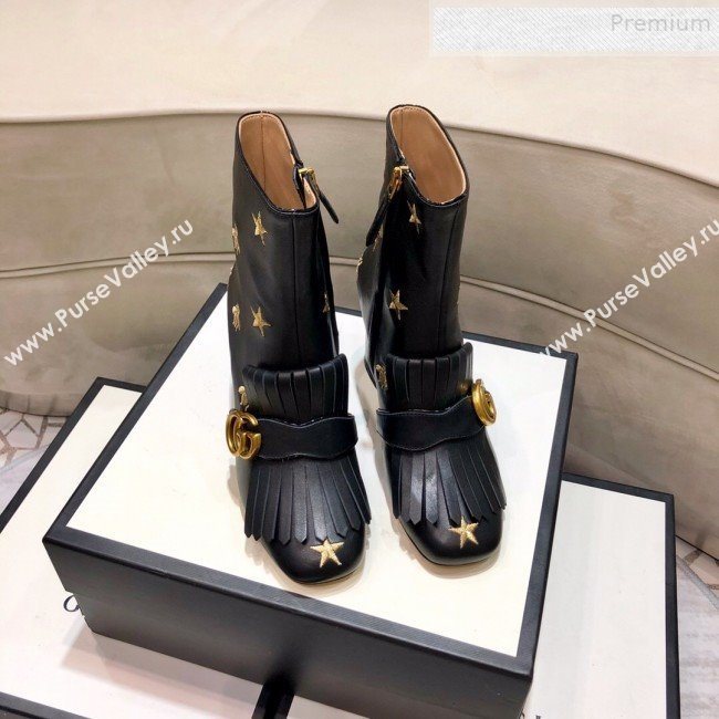 Gucci Embroidered Leather Fringe Mid-heel Ankle Short Boot 551545 Black 2019 (DLY-9081610)