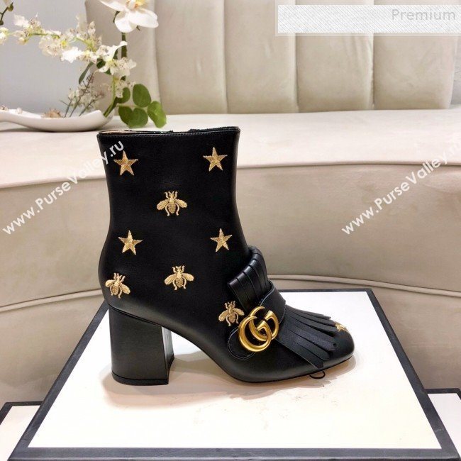 Gucci Embroidered Leather Fringe Mid-heel Ankle Short Boot 551545 Black 2019 (DLY-9081610)