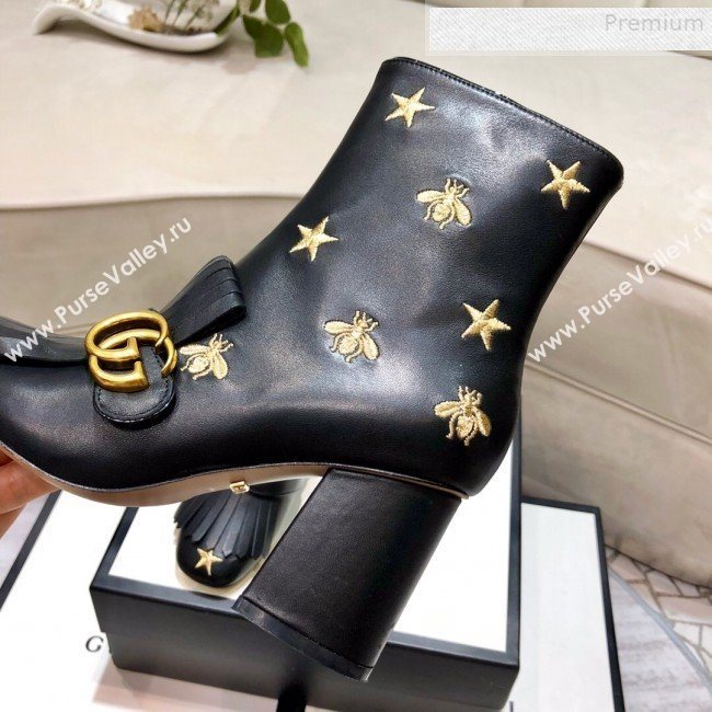 Gucci Embroidered Leather Fringe Mid-heel Ankle Short Boot 551545 Black 2019 (DLY-9081610)