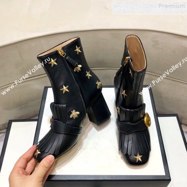 Gucci Embroidered Leather Fringe Mid-heel Ankle Short Boot 551545 Black 2019 (DLY-9081610)