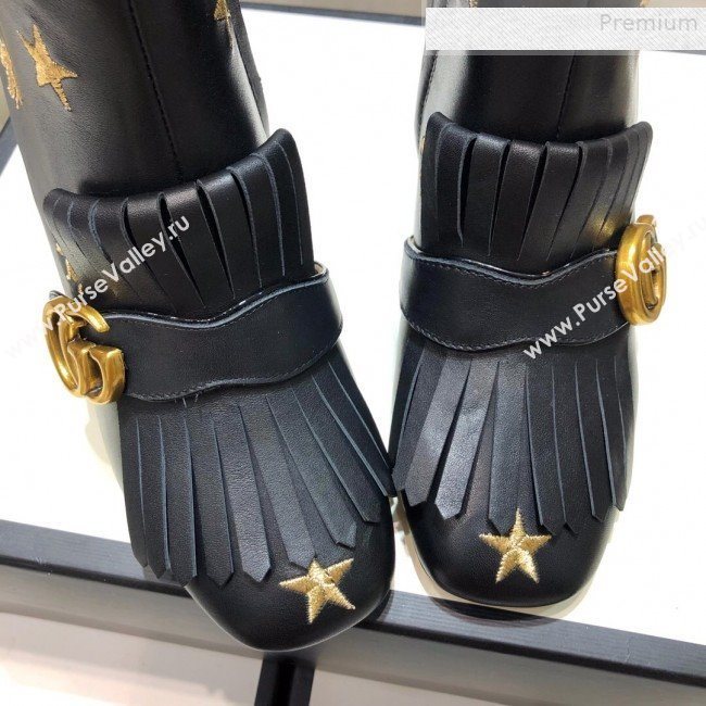 Gucci Embroidered Leather Fringe Mid-heel Ankle Short Boot 551545 Black 2019 (DLY-9081610)