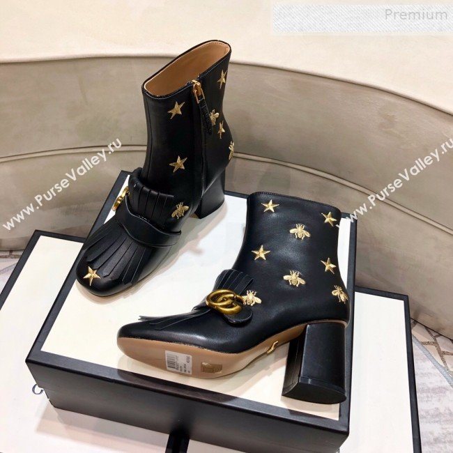 Gucci Embroidered Leather Fringe Mid-heel Ankle Short Boot 551545 Black 2019 (DLY-9081610)