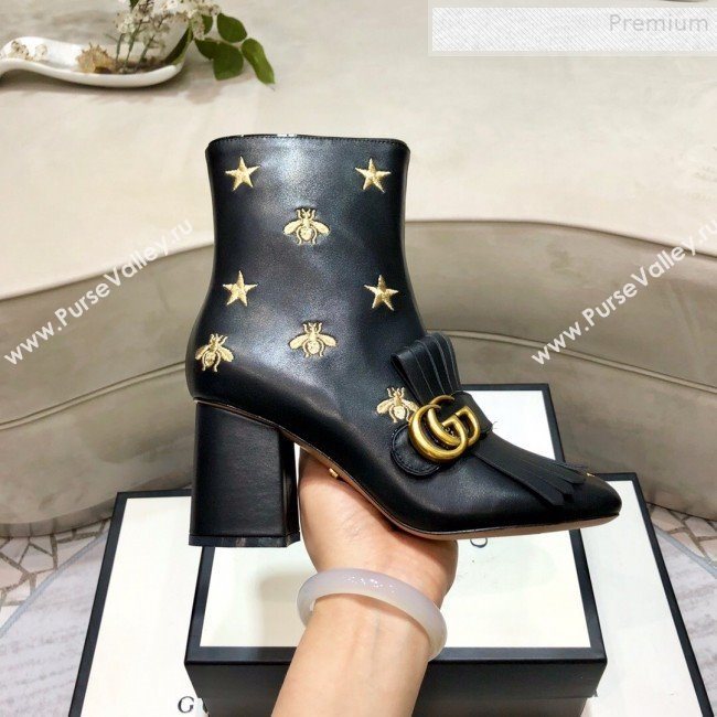 Gucci Embroidered Leather Fringe Mid-heel Ankle Short Boot 551545 Black 2019 (DLY-9081610)