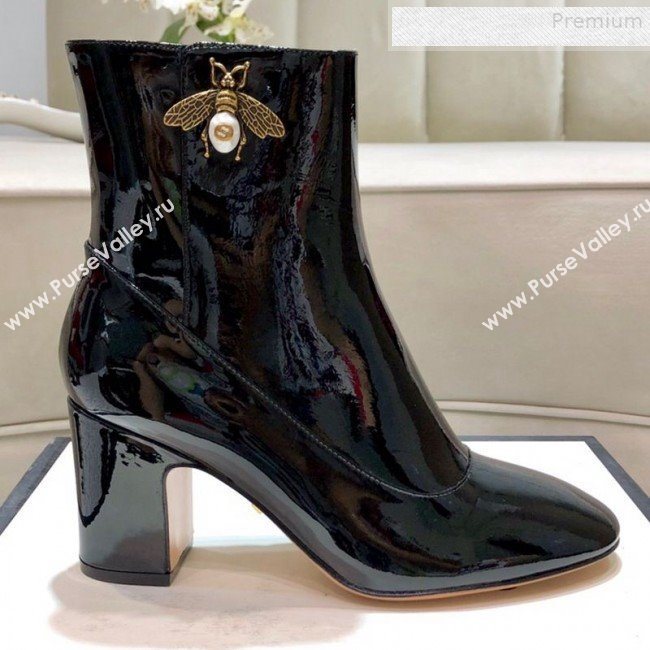 Gucci Patent Leather Bee Mid-Heel Short Boot Black 2019 (DLY-9081613)