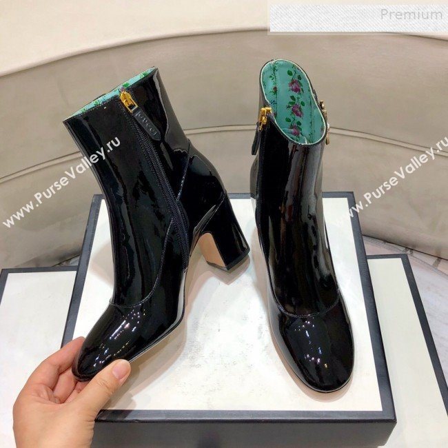 Gucci Patent Leather Bee Mid-Heel Short Boot Black 2019 (DLY-9081613)