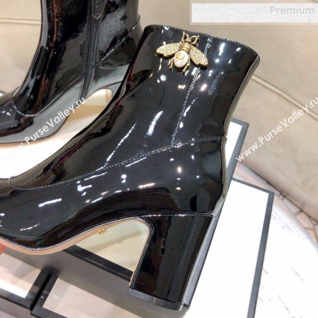 Gucci Patent Leather Bee Mid-Heel Short Boot Black 2019 (DLY-9081613)