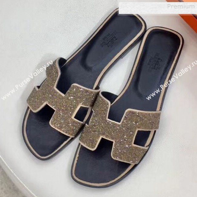 Hermes Oran Crystal Flat Slide Sandals Gold 2019 (Huangz-9081520)