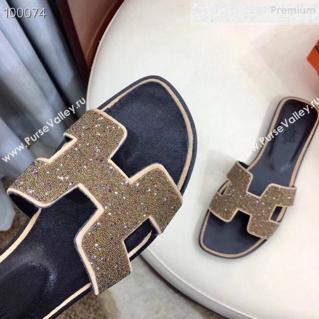 Hermes Oran Crystal Flat Slide Sandals Gold 2019 (Huangz-9081520)