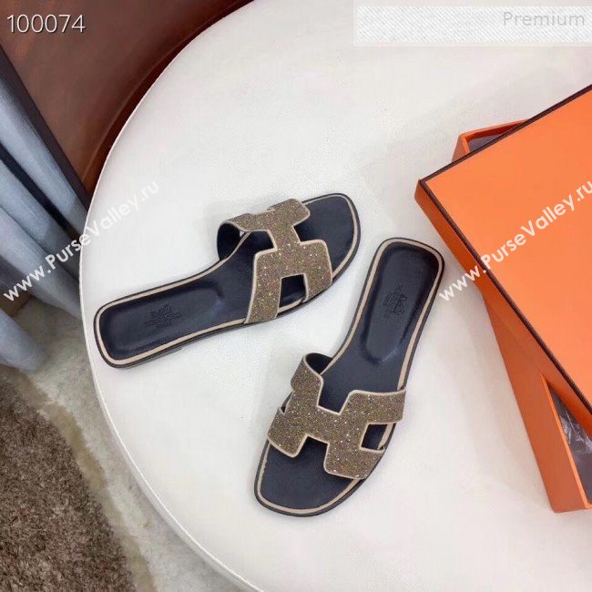 Hermes Oran Crystal Flat Slide Sandals Gold 2019 (Huangz-9081520)