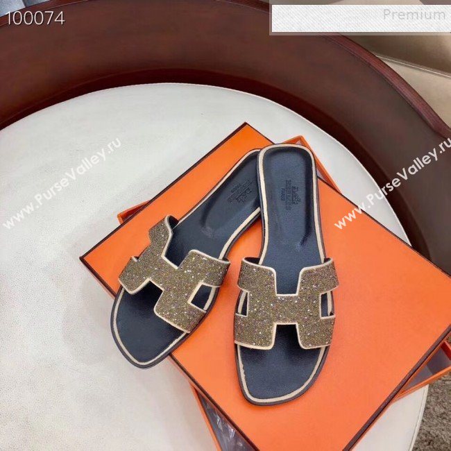 Hermes Oran Crystal Flat Slide Sandals Gold 2019 (Huangz-9081520)