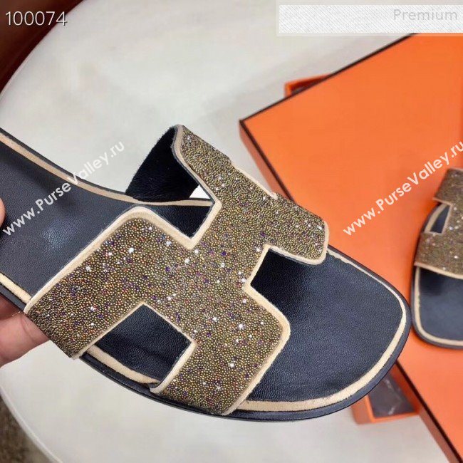 Hermes Oran Crystal Flat Slide Sandals Gold 2019 (Huangz-9081520)