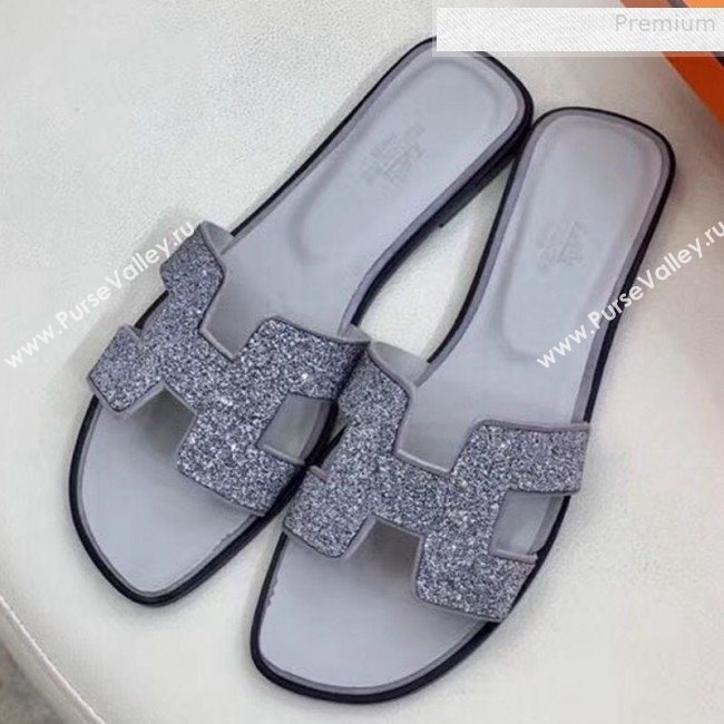 Hermes Oran Crystal Flat Slide Sandals Silver 01 2019 (Huangz-9081521)