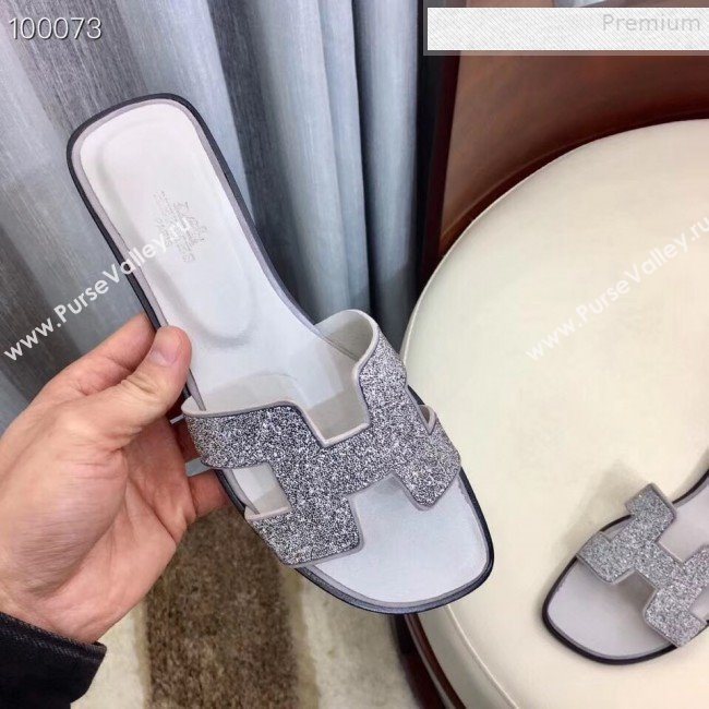 Hermes Oran Crystal Flat Slide Sandals Silver 01 2019 (Huangz-9081521)