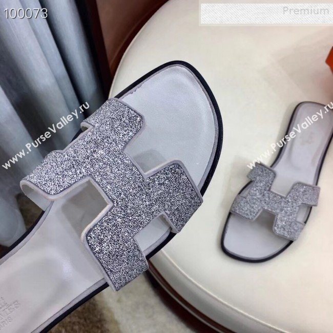 Hermes Oran Crystal Flat Slide Sandals Silver 01 2019 (Huangz-9081521)