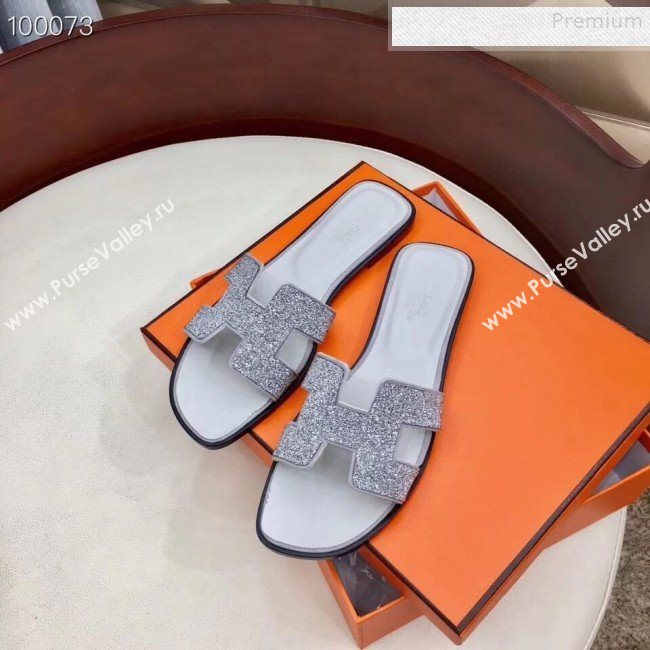 Hermes Oran Crystal Flat Slide Sandals Silver 01 2019 (Huangz-9081521)