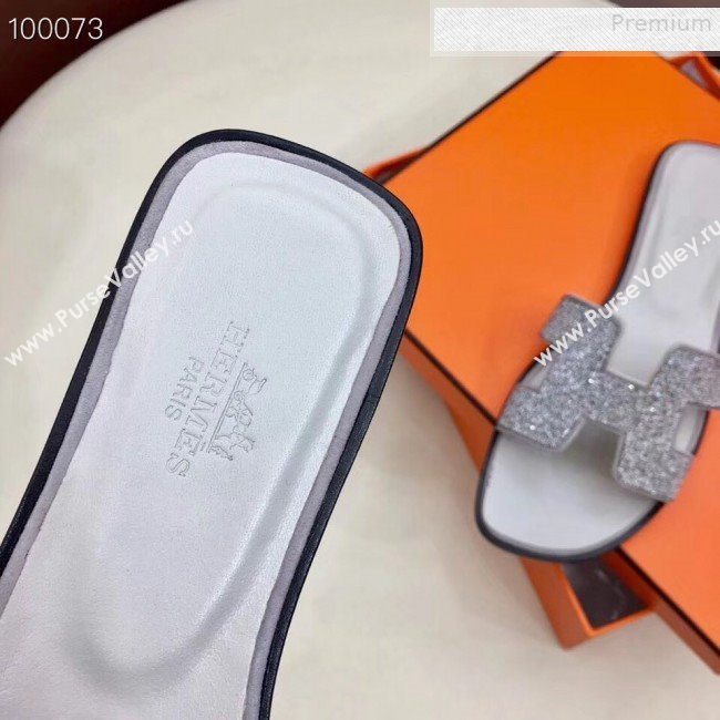 Hermes Oran Crystal Flat Slide Sandals Silver 01 2019 (Huangz-9081521)