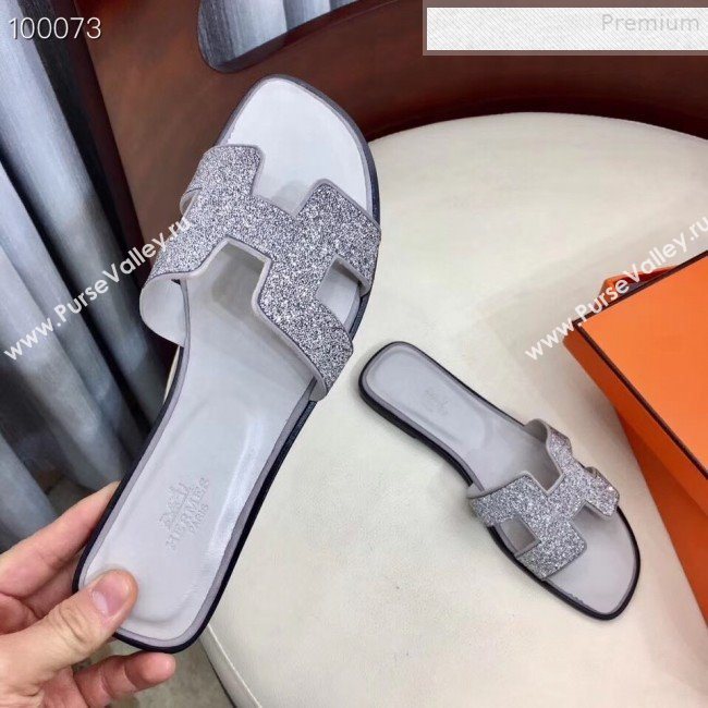 Hermes Oran Crystal Flat Slide Sandals Silver 01 2019 (Huangz-9081521)