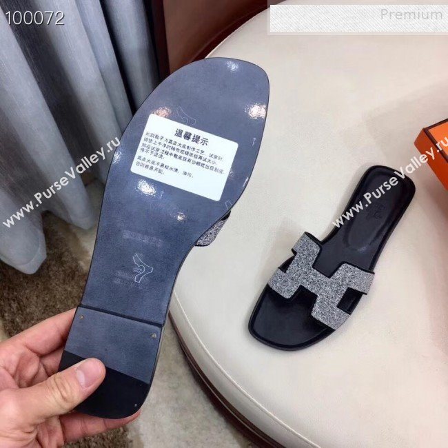 Hermes Oran Crystal Flat Slide Sandals Silver 02 2019 (Huangz-9081522)