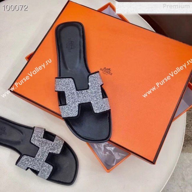 Hermes Oran Crystal Flat Slide Sandals Silver 02 2019 (Huangz-9081522)