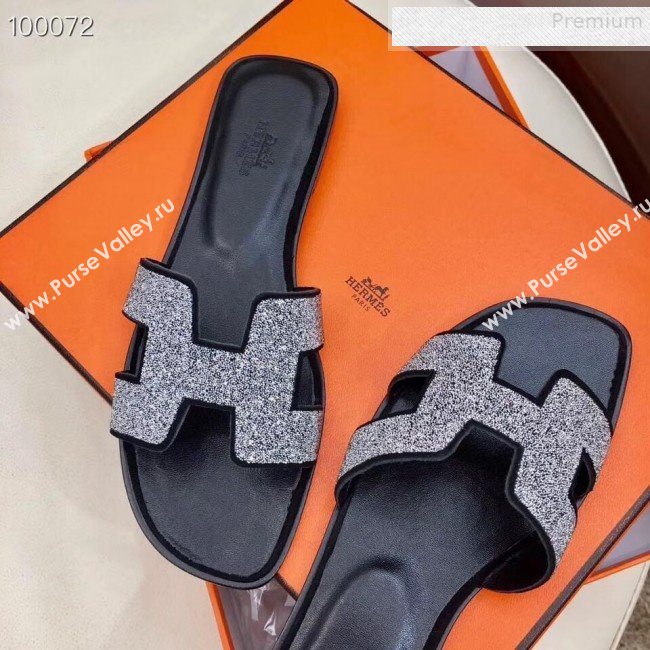 Hermes Oran Crystal Flat Slide Sandals Silver 02 2019 (Huangz-9081522)