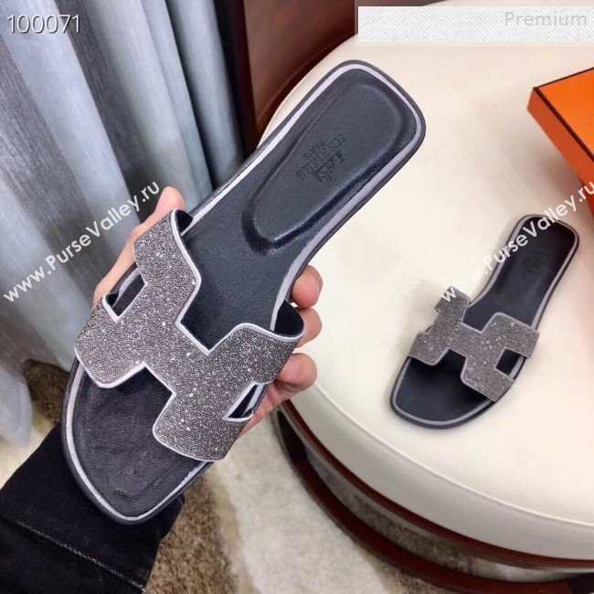 Hermes Oran Crystal Flat Slide Sandals Silver Grey 2019 (Huangz-9081523)