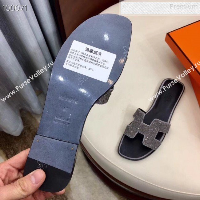 Hermes Oran Crystal Flat Slide Sandals Silver Grey 2019 (Huangz-9081523)