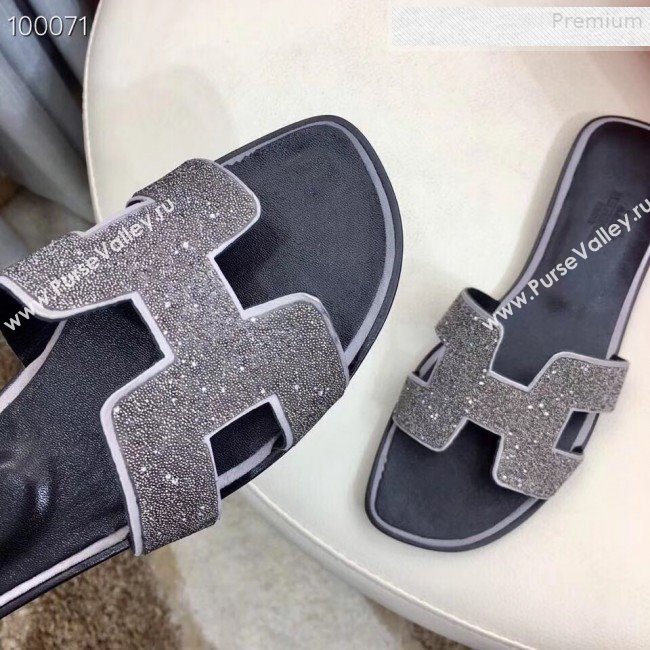 Hermes Oran Crystal Flat Slide Sandals Silver Grey 2019 (Huangz-9081523)
