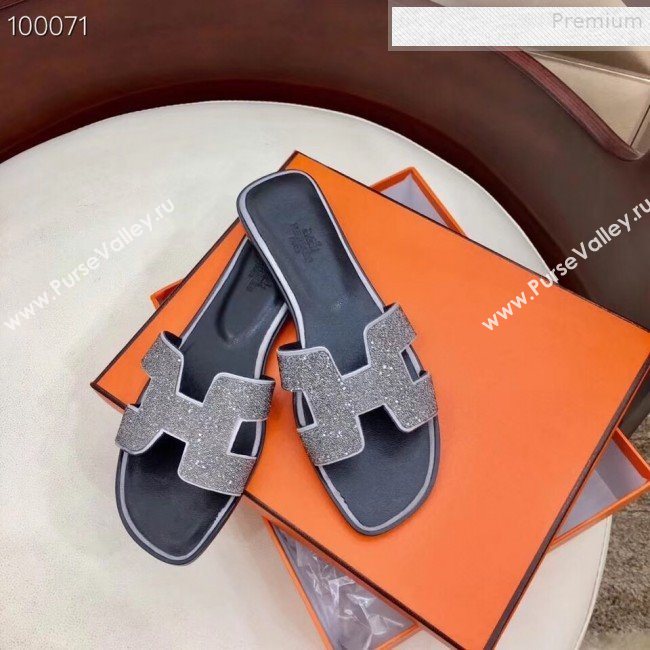 Hermes Oran Crystal Flat Slide Sandals Silver Grey 2019 (Huangz-9081523)