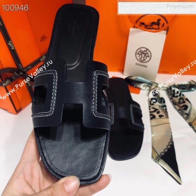 Hermes Oran Stitching Slide Sandals Black 2019 (Huangz-9081530)
